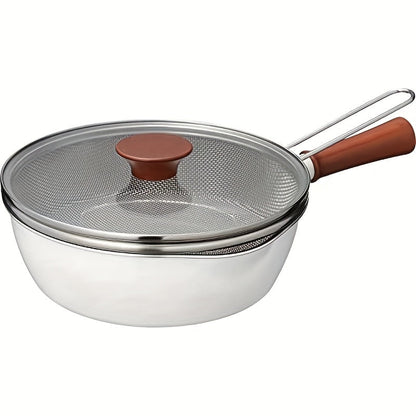 1-piece 9.84-inch Non-Stick Cast Aluminum Cooking Pot with Wooden Handle, Tempered Glass Lid & Frying Net - Strong, Simple to Maintain, Safe for Dishwasher, Works with All Stovetops