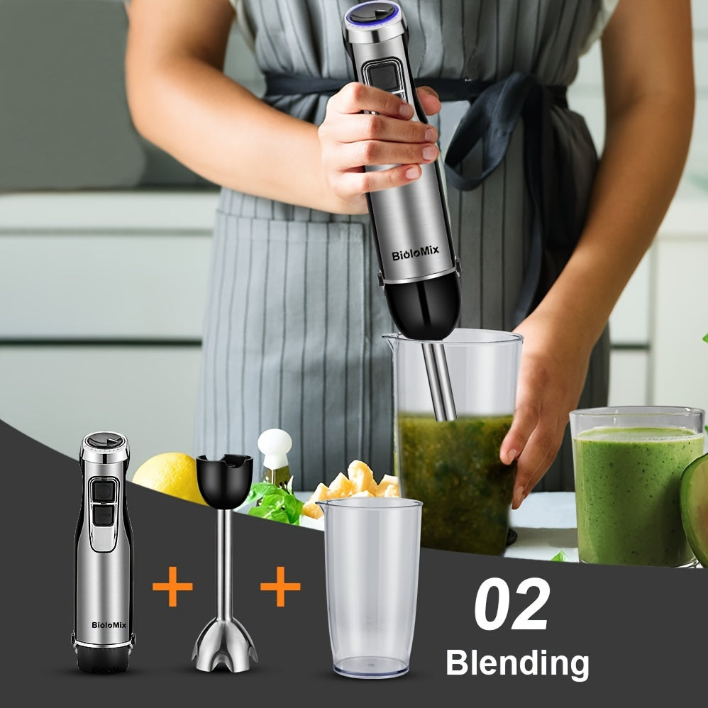 BioloMix 4-in-1 1200W Hand Stick Blender Mixer with Chopper and Smoothie Cup, Stainless Steel Ice Blades, European Standard Plug, 16000 RPM, No Battery Needed.