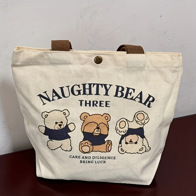 Durable Square Canvas Lunch Bag with Animal Theme Featuring Three Naughty Bear Designs - Hand Washable Tote Perfect for Students and Office Workers.