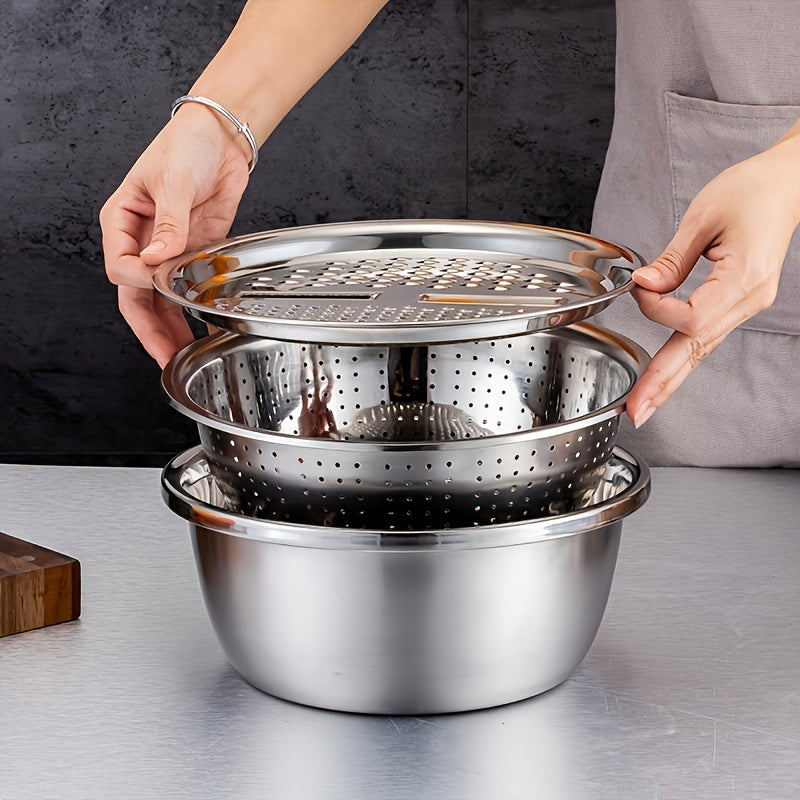 3-piece stainless steel kitchen set featuring an integrated grater, multifunctional strainer, and mixing bowl. Ideal for washing and slicing fruits, vegetables, and cheese. These food-safe prep bowls also come equipped with a drainage system for added