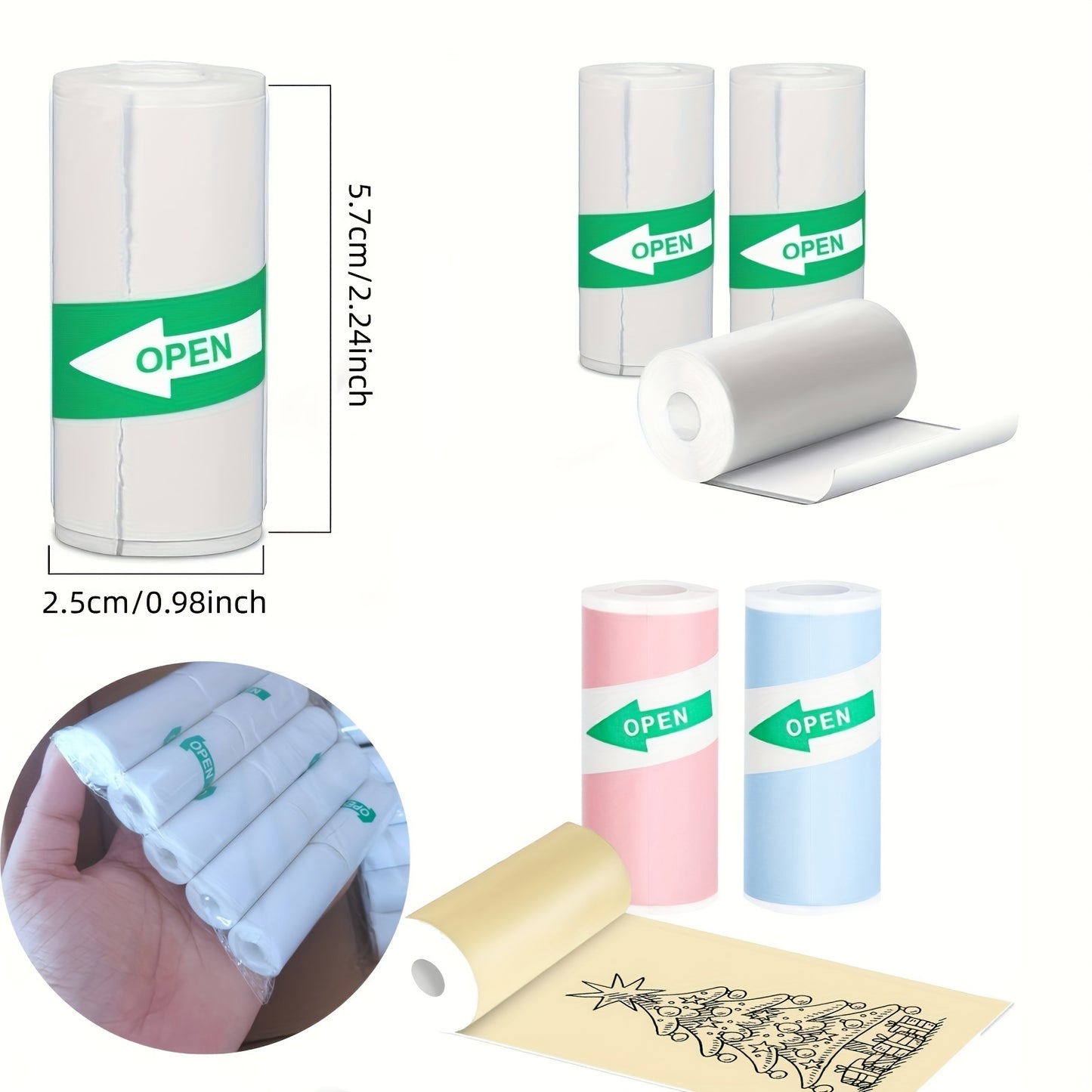 12 Rolls Mini Thermal Printer Paper with 6 color thermal stickers and 6 white thermal paper for mini portable printers, 57X25mm, suitable for mini thermal printers.