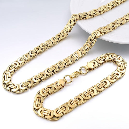 Fashionable Egyptian Byzantine flat bracelet and necklace set made of classic stainless steel for men.