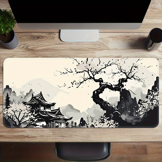 Large gaming mouse pad with Japanese ink landscape design, washable non-slip rubber desk mat featuring pagoda, cherry blossoms, and mountain scenery.