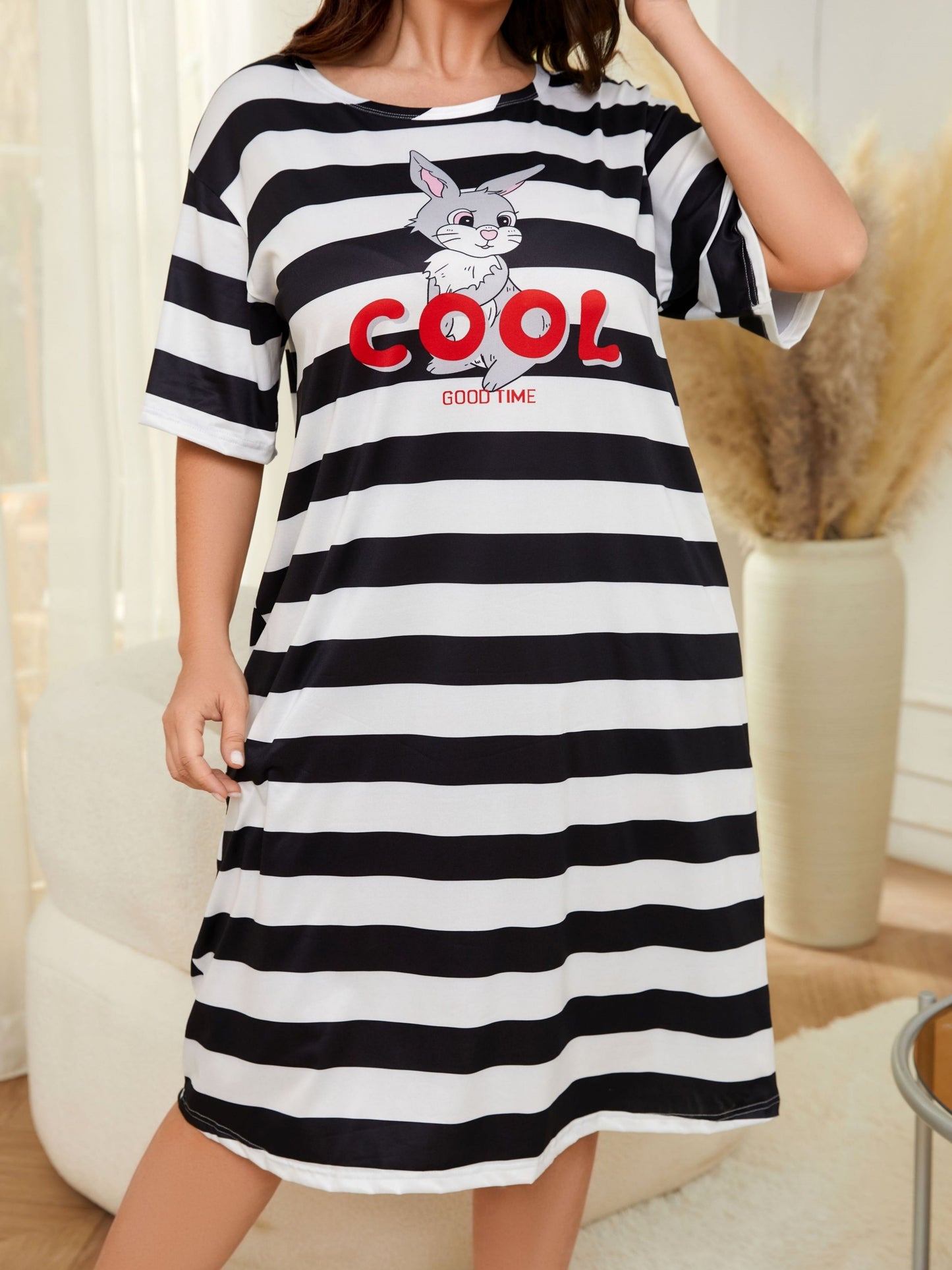 Plus size casual sleep dress with cartoon bunny and striped short sleeve tee nightdress for women.