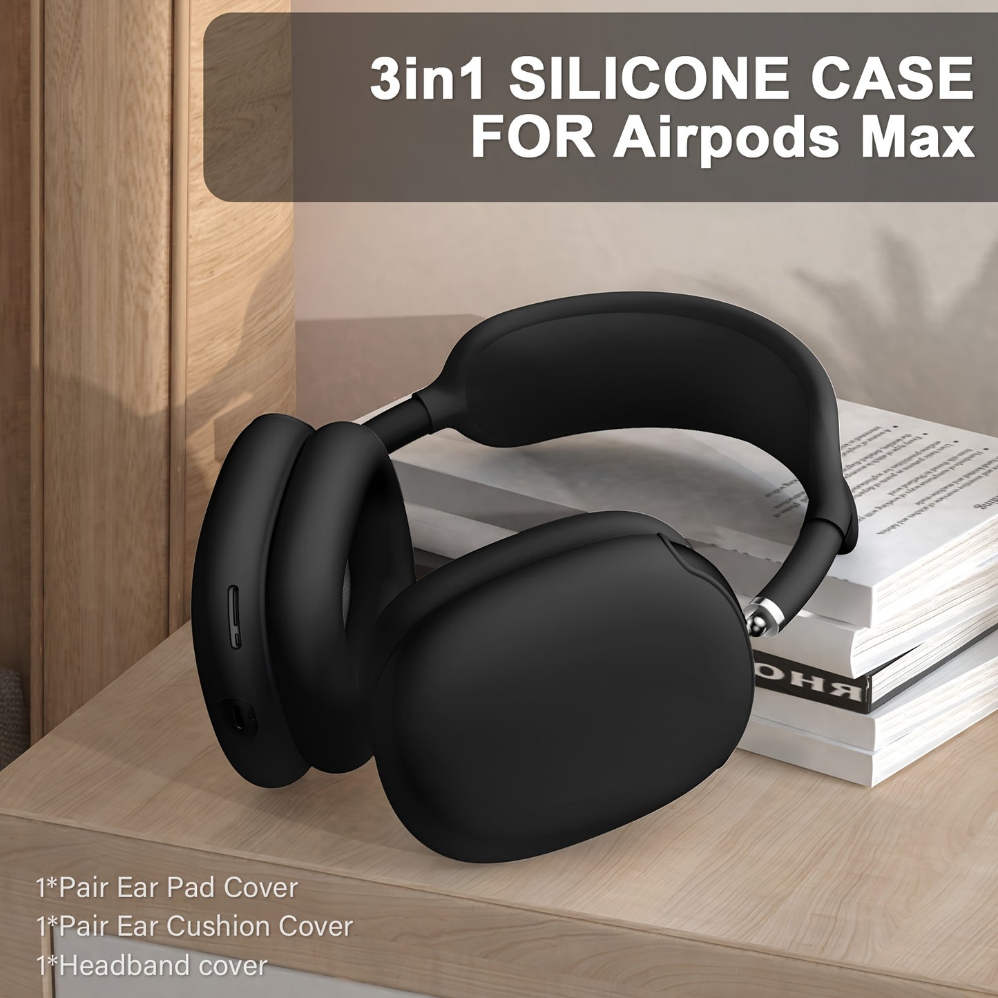 3 silicone headphone covers for AirPods Max with anti-scratch protective cases, rain drop shockproof design, dustproof ear cushion caps in various colors. Soft matte finish, durable &