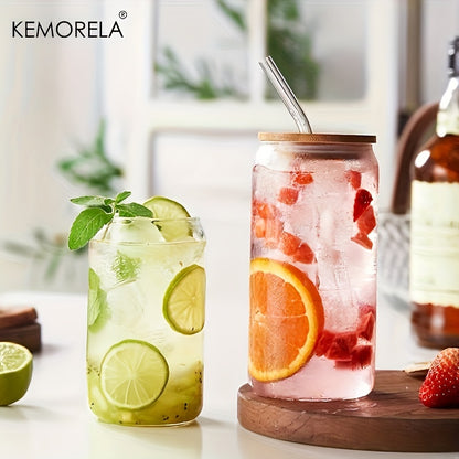 Kemorela 6-piece set includes glass cups with bamboo lids and straws in beer can shape, perfect for various beverages. Also includes 2 cleaning brushes.