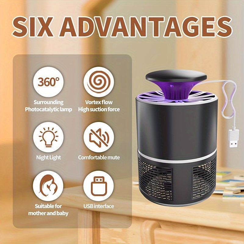 Sleek black USB-powered mosquito repellent lamp with low-decibel operation.Silent, automatic indoor device safe for youngsters and elderly.