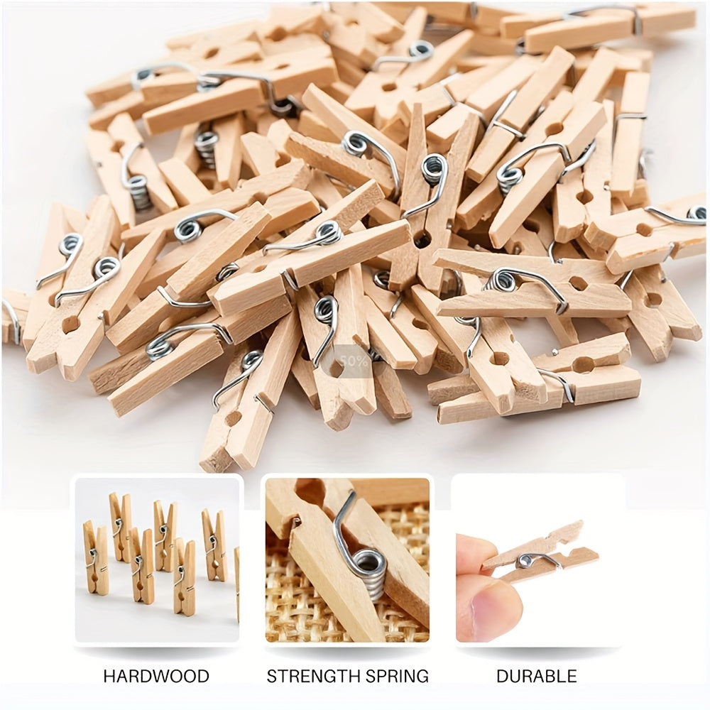 200 pieces of 1-inch wooden mini clothespins with 10.06 meters of jute twine. Made from durable hardwood with strong springs, perfect for photos, crafts, arts, cocktails, and home decor.