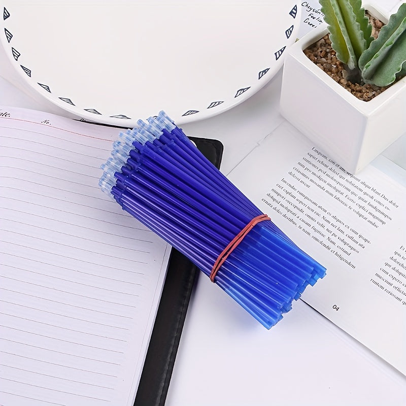 Set of 100 erasable gel pen refills, 0.5mm tip size, in blue/black ink, ideal for school writing.