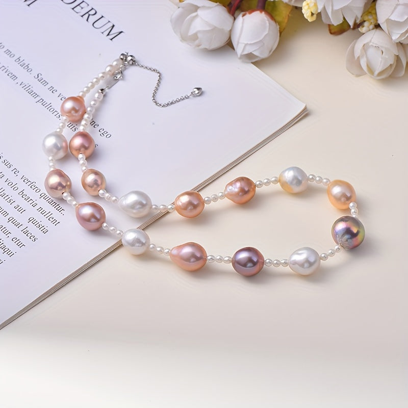 This beautiful necklace features a stunning array of multi-colored Baroque freshwater pearls, each measuring 3mm in size. Its simple yet luxurious design is perfect for both daily wear and special occasions, making it a versatile addition to any jewelry