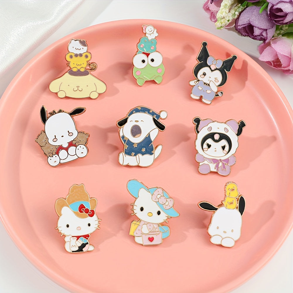 Cute Sanrio Cartoon Kulomi Brooch Set of 9, featuring adorable animal designs with colorful zirconia accents. Made from zinc alloy enamel, perfect for accessorizing backpacks, clothing, and jewelry as a charming holiday gift.