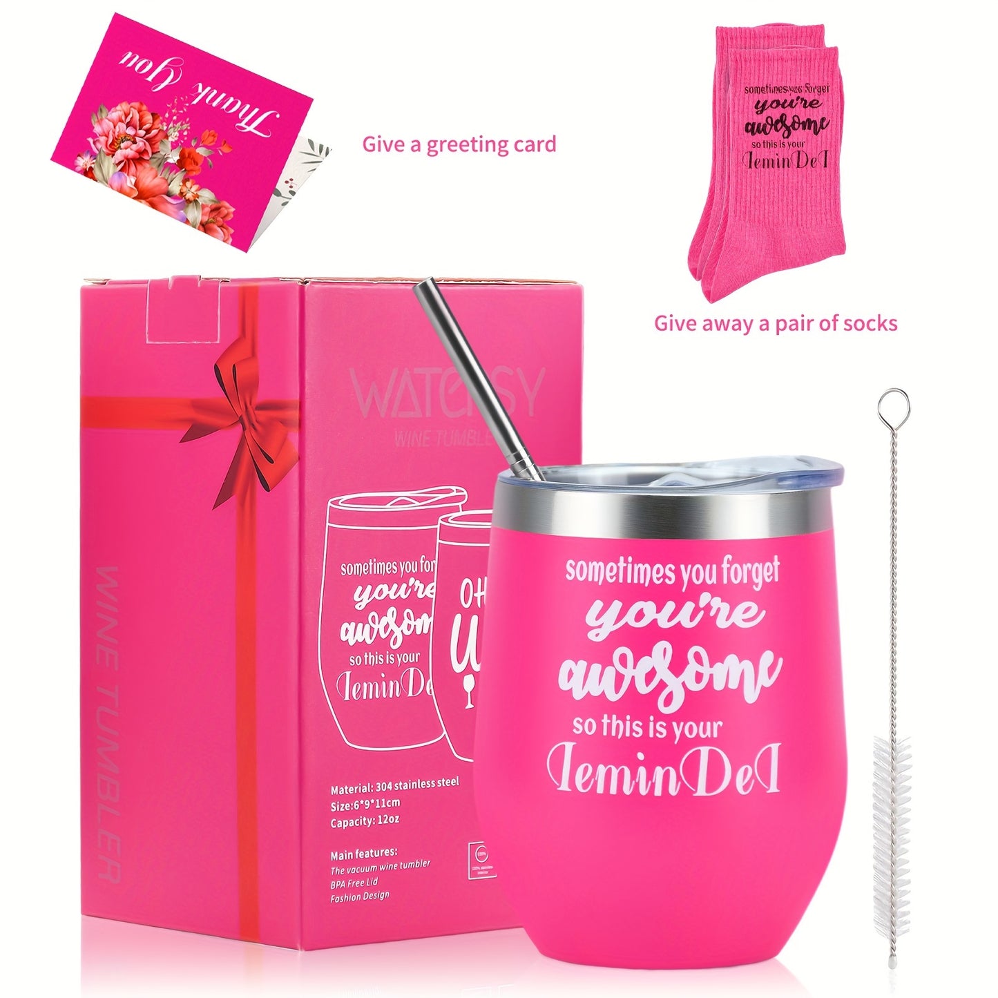 12oz stainless steel beverage cup set with lid, straw, brush. Leakproof, BPA-free insulated travel container for hot/cold drinks. Includes socks, gift box. Ideal for holidays.