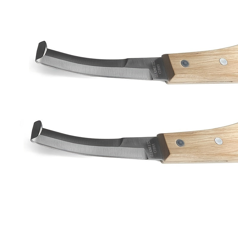 Hoof knife set with right-handed double-sided blade and rubber wooden handle, available in 2-piece or 3-piece sets.