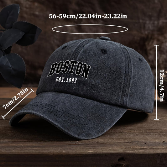 Boston Est. 1997 Unisex Fashion Baseball Cap with Adjustable Curved Brim made of Woven Textile Material, Easy Care, machine washable/dry clean.