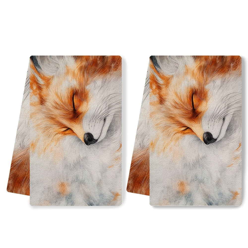 Set of 2 Ultra Soft Kitchen Towels Featuring a Charming Red Fox Design - Super Absorbent, Easy to Clean Dish Hand Towels, Dimensions 40.64x60.96 cm - Ideal for Adding a Festive Touch to Your Kitchen Decor, Perfect for Daily Use