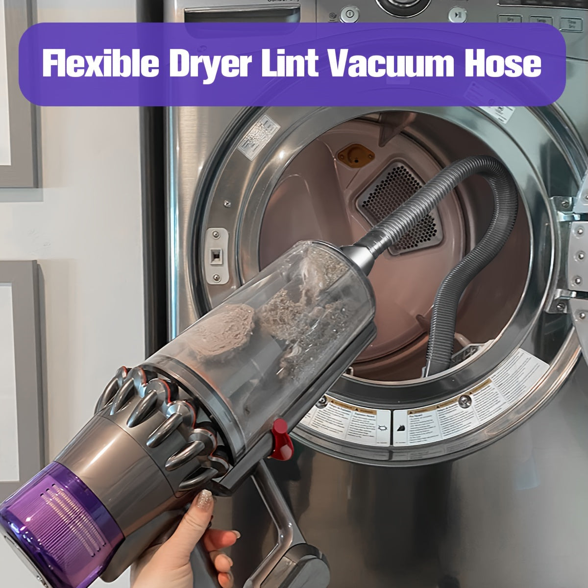 Gray Set of Dryer Vent Cleaner Kit with Vacuum Hose Attachment Compatible with Dyson V15 V12 V11 V10 V8 V7 Vacuum Cleaners. Includes Dryer Lint Brush, Lint Remover, Dryer Cleaner Vent Brush, Vent Trap Cleaner Brush, and Refrigerator Condenser Coil Brush.