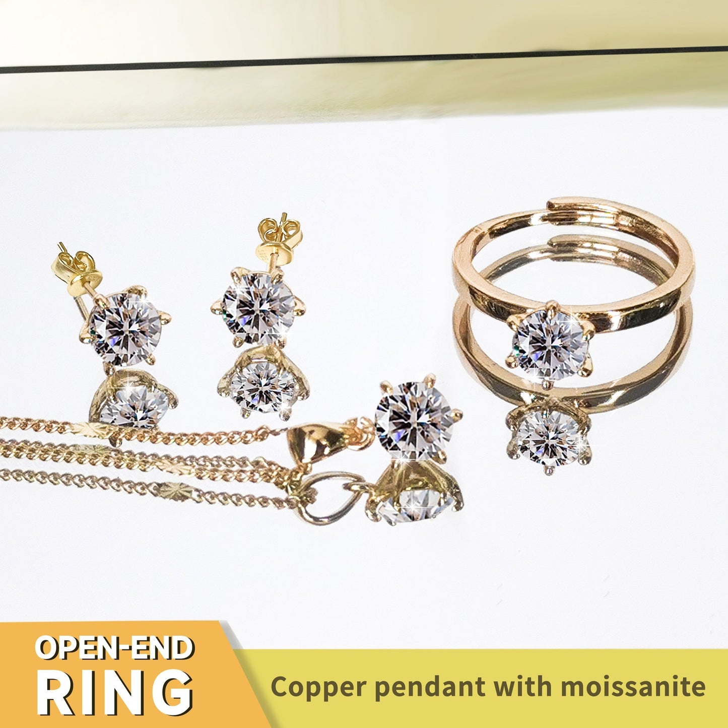 Sophisticated Copper Jewelry Set featuring Round Cut Moissanite - Adjustable Open Ring, Earrings, and Necklace for Women, Stunning Six-Claw Design, Ideal for Everyday and Special Occasions.