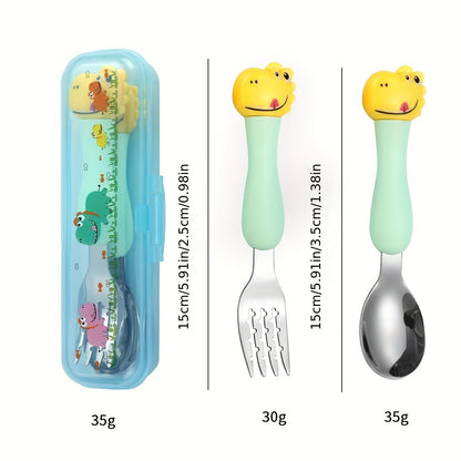 Children's cartoon dinosaur fork and spoon set made of portable 304 stainless steel for learning and training purposes.