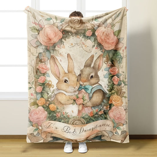 Cute Bunny & Flower Print Coral Fleece Throw Blanket - Hypoallergenic, Versatile All-Season Blanket for Sofa and Bed, Available in Various Colors, Ideal for Office Naps and Keeping Legs Warm - Easy to Clean, Bedding Essential with Contemporary Design and