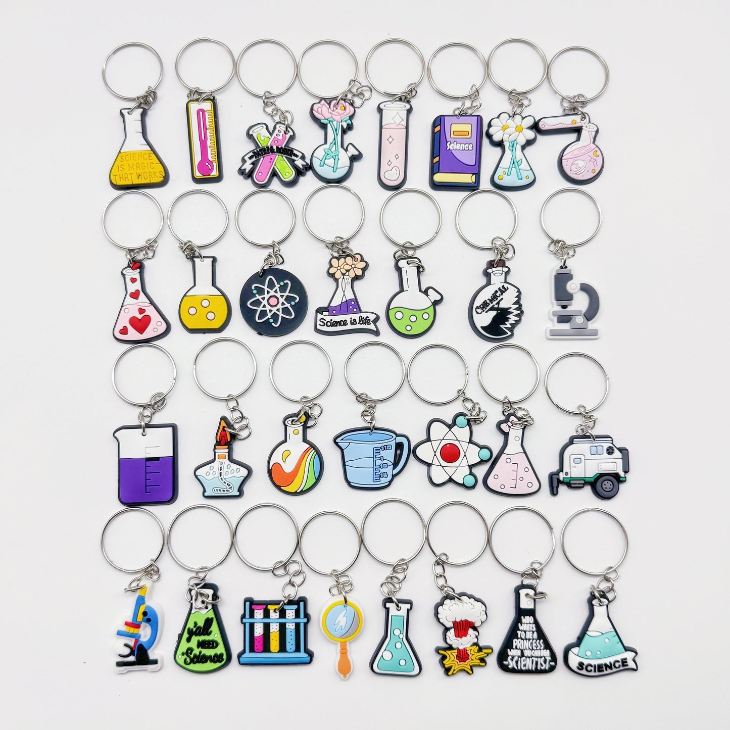 Keychain Set with Chemistry and Biology Lab Themes, featuring Test Tubes, Beakers, Alcohol Lamps, and Triangular Bottles - Ideal for Students and School Decoration, Inspired by Science.