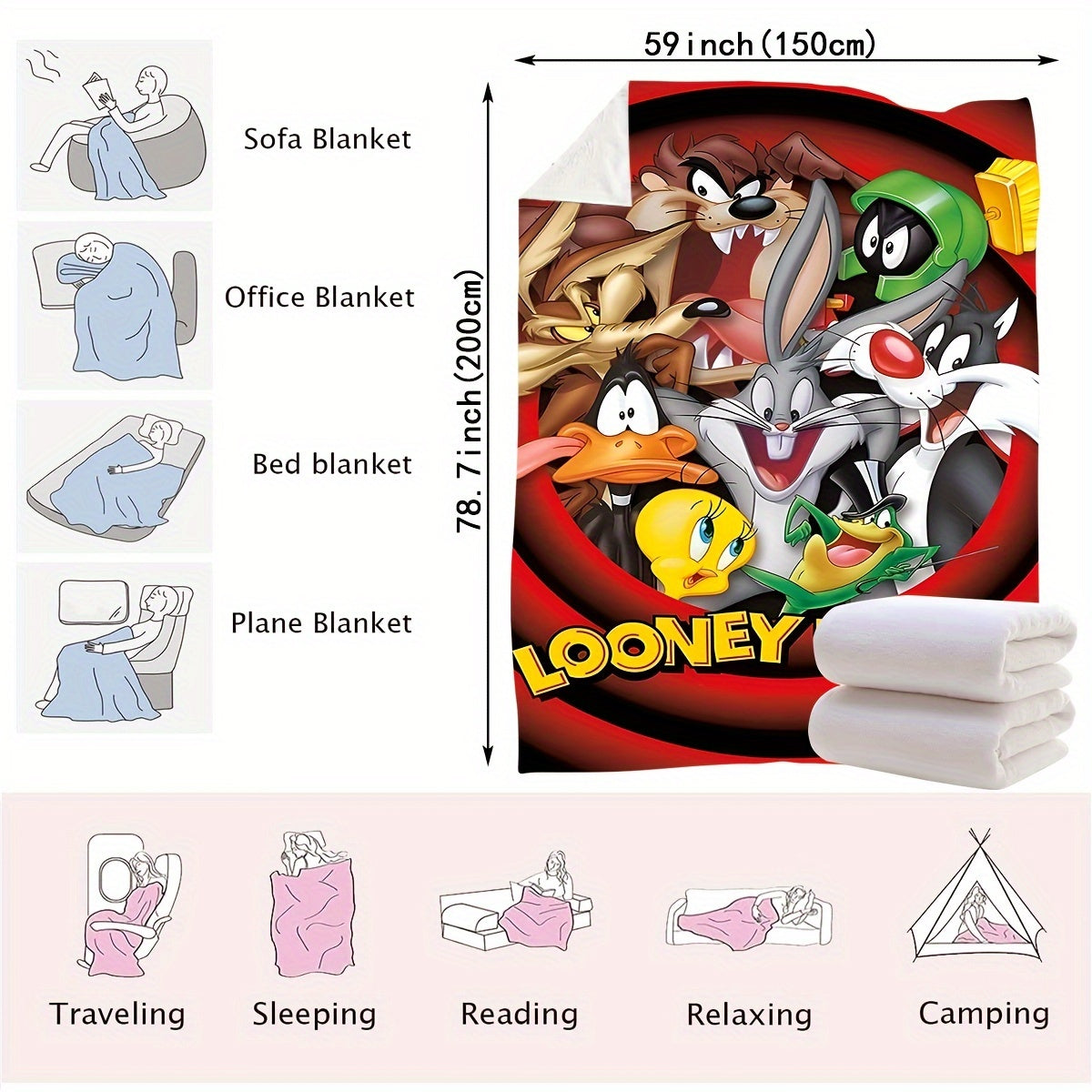 Looney Tunes Cartoon Characters Printed Polyester Knitted Blanket - Modern Design, Versatile Throw for Bedroom, Couch, Bed, Travel - High-Quality Digital Print, Lightweight 200-250gsm Blanket