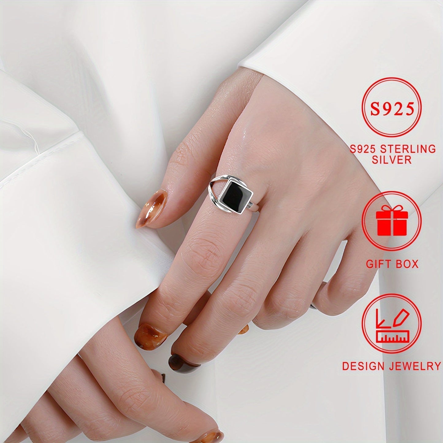 18K Gold Plated S925 Sterling Silver Ring, 2.8g, Featuring Black Square Design with Exquisite Oil Drop Craftsmanship, Comes in a High-Quality Jewelry Gift Box for Men and Women, Horse Shoe Motif, Electroplating Finish