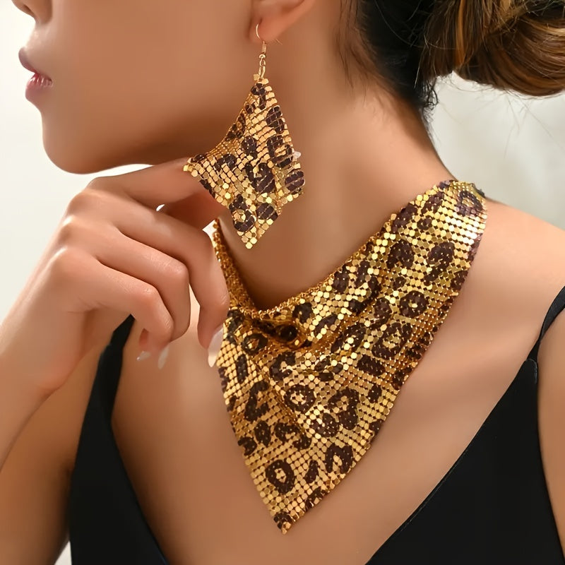 Set of stylish retro triangle scarf, shimmering silky scarf with sequins, elaborate false collar, bold leopard print statement collarbone necklace and earrings for women with a distinctive personality.