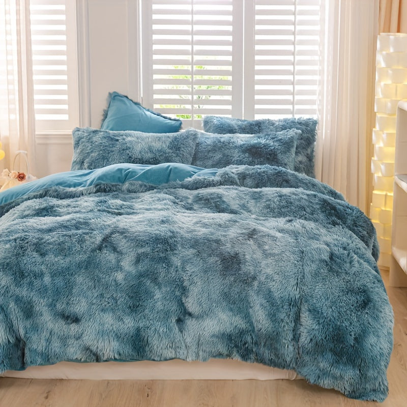 Y2K Tie Dye Plush Duvet Cover Set includes 3 pieces (1 Duvet Cover + 2 Pillowcases), providing soft and warm bedding.