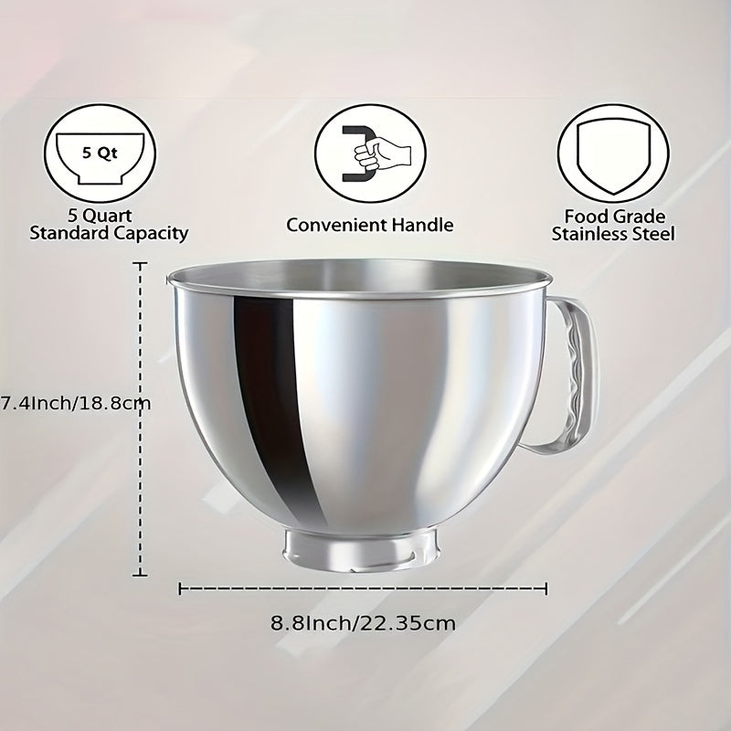 Durable Stainless Steel Mixing Bowl with Handle - Compatible with KitchenAid 4.5-5QT Tilt-Head Stand Mixer, Sturdy & Easy to Clean, Ideal for Baking Cakes, Bread, and Desserts