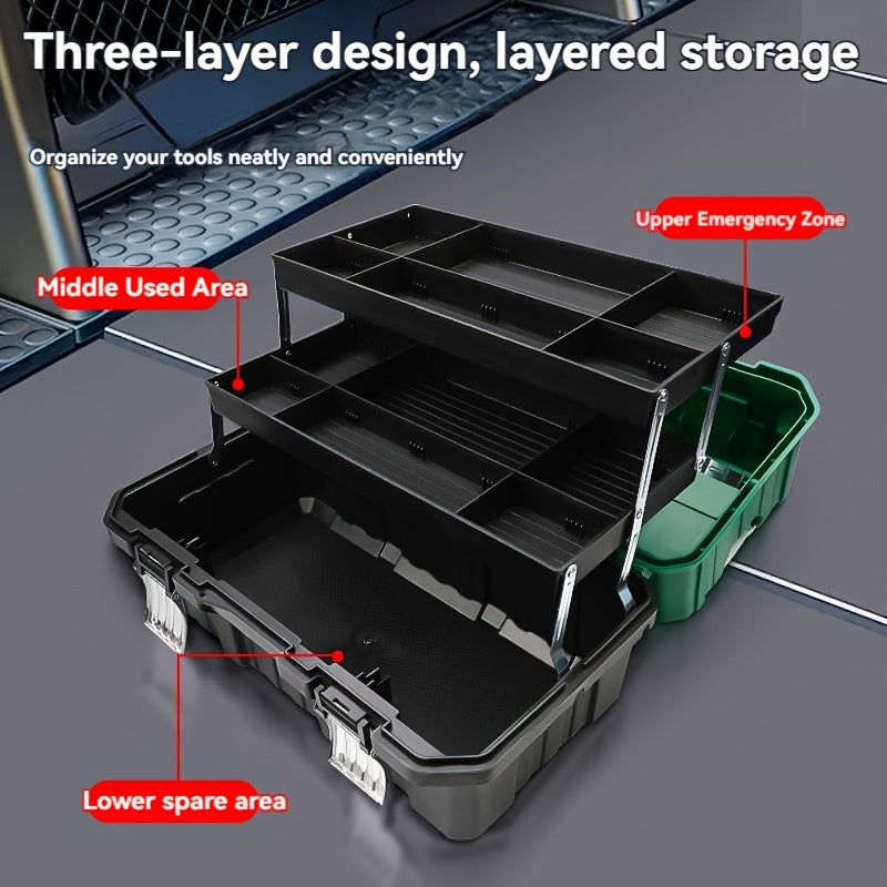 TUOSEN 16-inch Triple-Layer Folding Toolbox - Waterproof Plastic Organizer for Electricians & Carpenters with Multi-Compartment Storage.