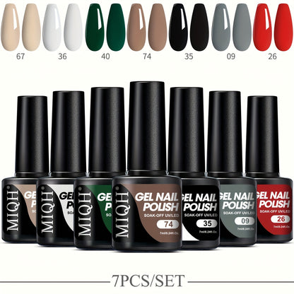 7-piece gel nail polish set in black, white, and nude shades. Semi-permanent, soak off UV/LED varnish. Unscented for hands, feet, and nails.