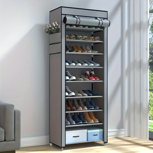 Compact plastic shoe cabinet with dust cover, non-woven shoe rack, easy assembly, portable, ideal for home, dorm, or entryway storage.