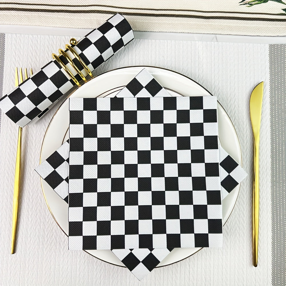 20 Black & White Checkered Disposable Napkins - Size 33.02x33.02 cm, Ideal for Weddings, Parties, and Holiday Celebrations