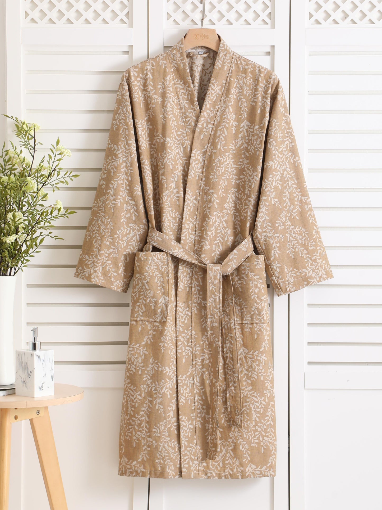 Women's lightweight cotton jacquard bathrobe with floral pattern, quick-dry absorbent fabric, long sleeves, v-neck, and belt in beige/floral design. Ideal for spring, summer, and fall.