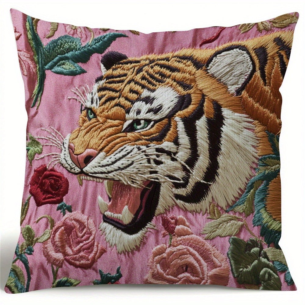 Tiger and Roses Embroidered Pillow Cover featuring Double-Sided Polyester Woven Cushion Case, Ideal Festive Home Decor for Thanksgiving and Christmas, Compatible with a Variety of Styles - Item HJY647