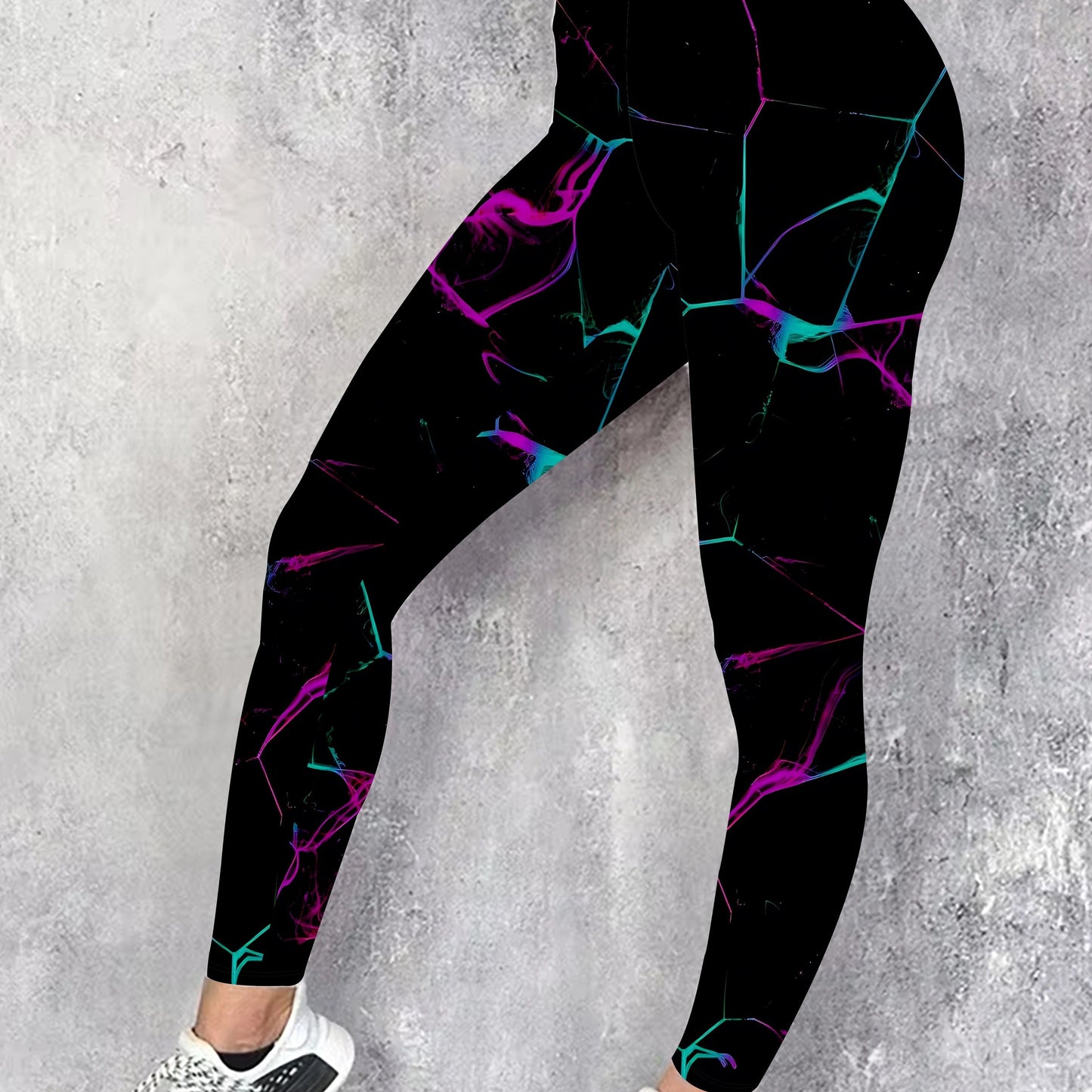 High-waisted floral print leggings for women in plus size. Stretchy, casual, and machine washable. Black with vibrant purple & teal accents. Suitable for all seasons, with a comfortable fit.