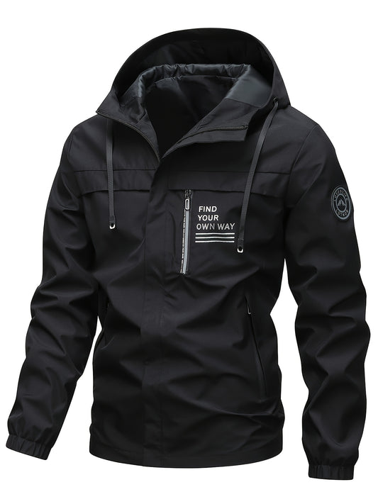 Men's casual sporty hooded jacket with lightweight polyester material, zipper pockets, adjustable drawstring hood, and "FOUND MOST WANTED" embroidery, perfect for spring/fall.