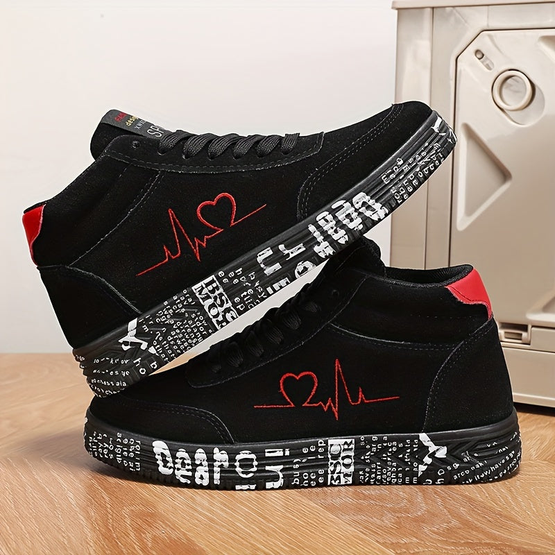 Women's high-top sneakers in red with a white heart and "I Love You" print, featuring a thick EVA sole for lightweight comfort. Made for casual travel with a lace-up design and all-season