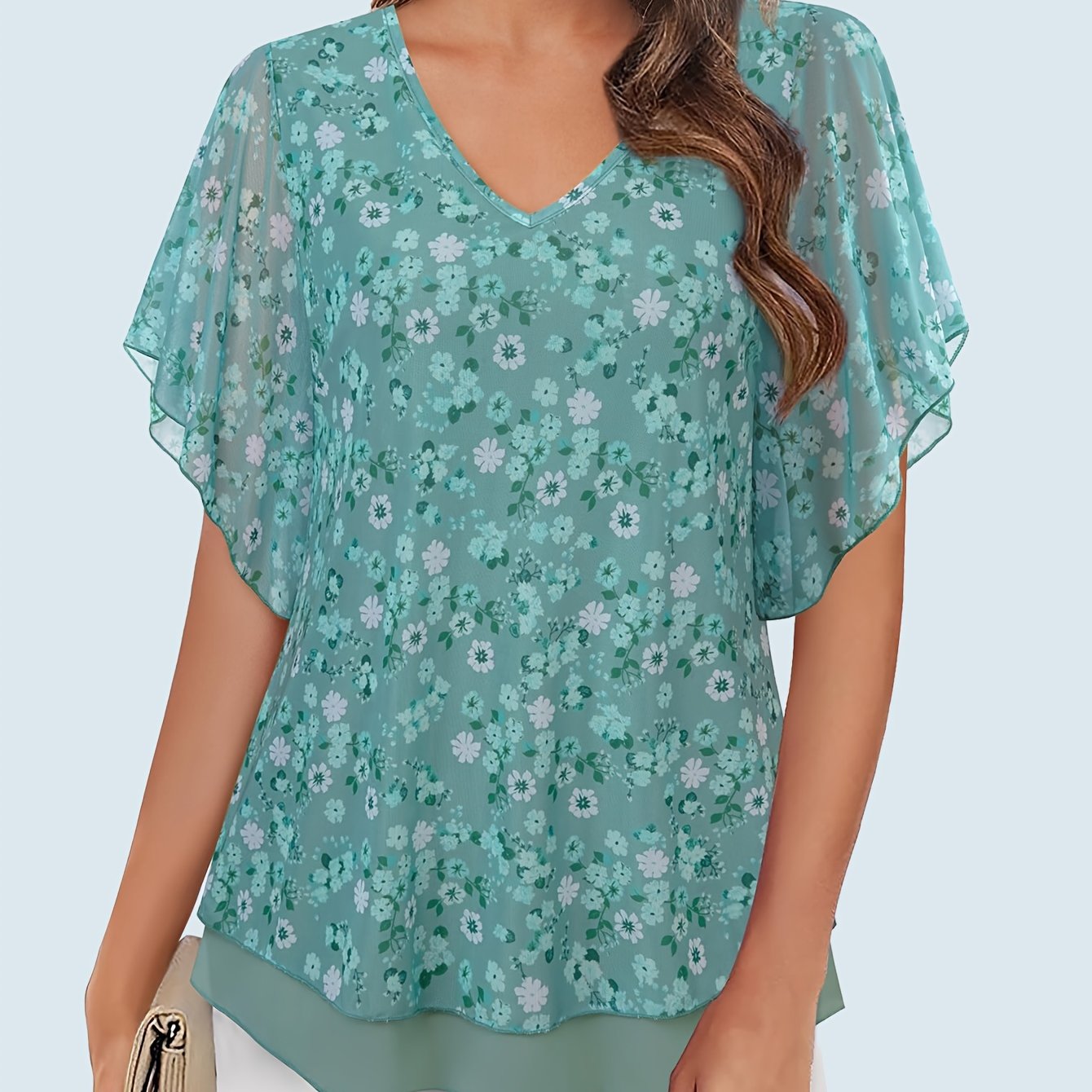 Women's Double Layer Mesh Blouses - Short Sleeve V Neck Tunic Tops