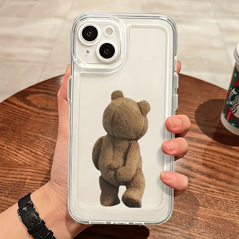 Transparent TPU phone case featuring a cartoon teddy bear design, compatible with various iPhone models.