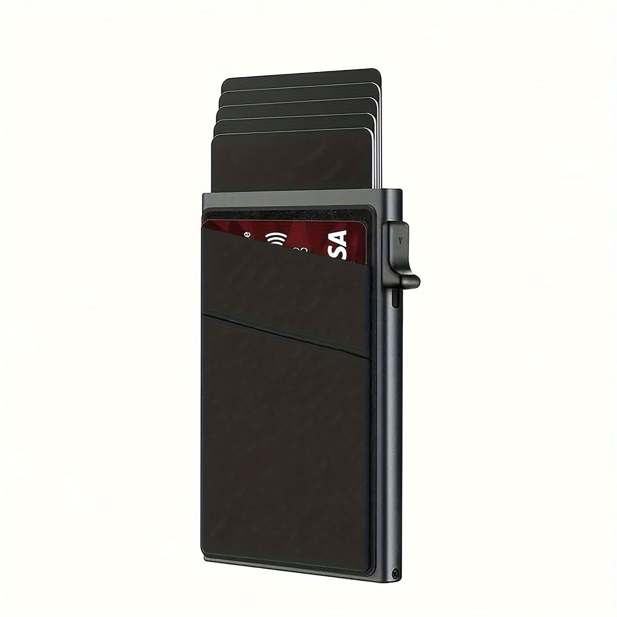 Aluminum RFID blocking credit card holder with side push mechanism.