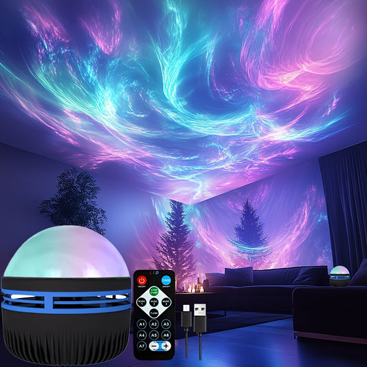 LED Northern Lights Projector Lamp displays Aurora Borealis effect, features remote control, USB powered, multi-color light display, no batteries required. Perfect for bedroom, living room