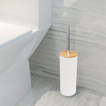 Sturdy plastic toilet brush with holder, medium firmness, portable freestanding bathroom cleaner.