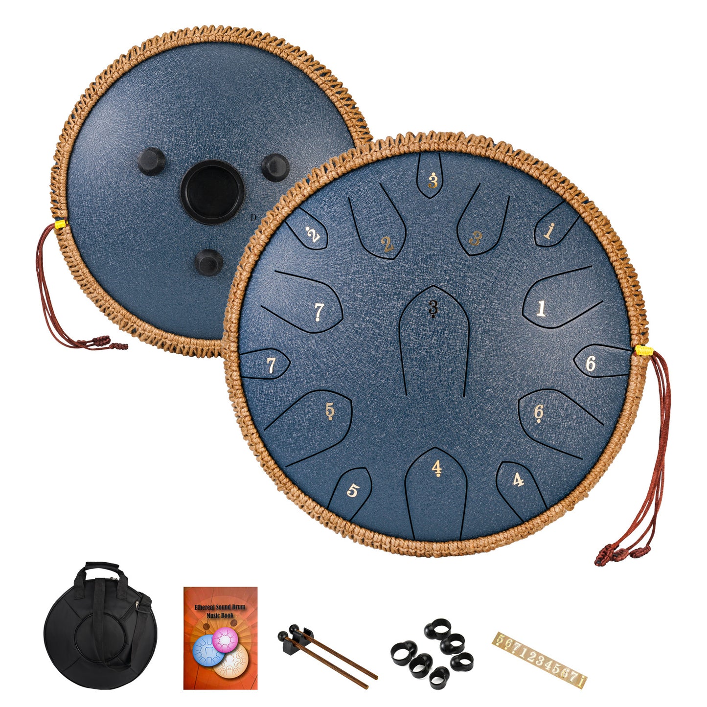 35.56 cm steel tongue drum in D key with mallets, bag, and book for music education and entertainment.