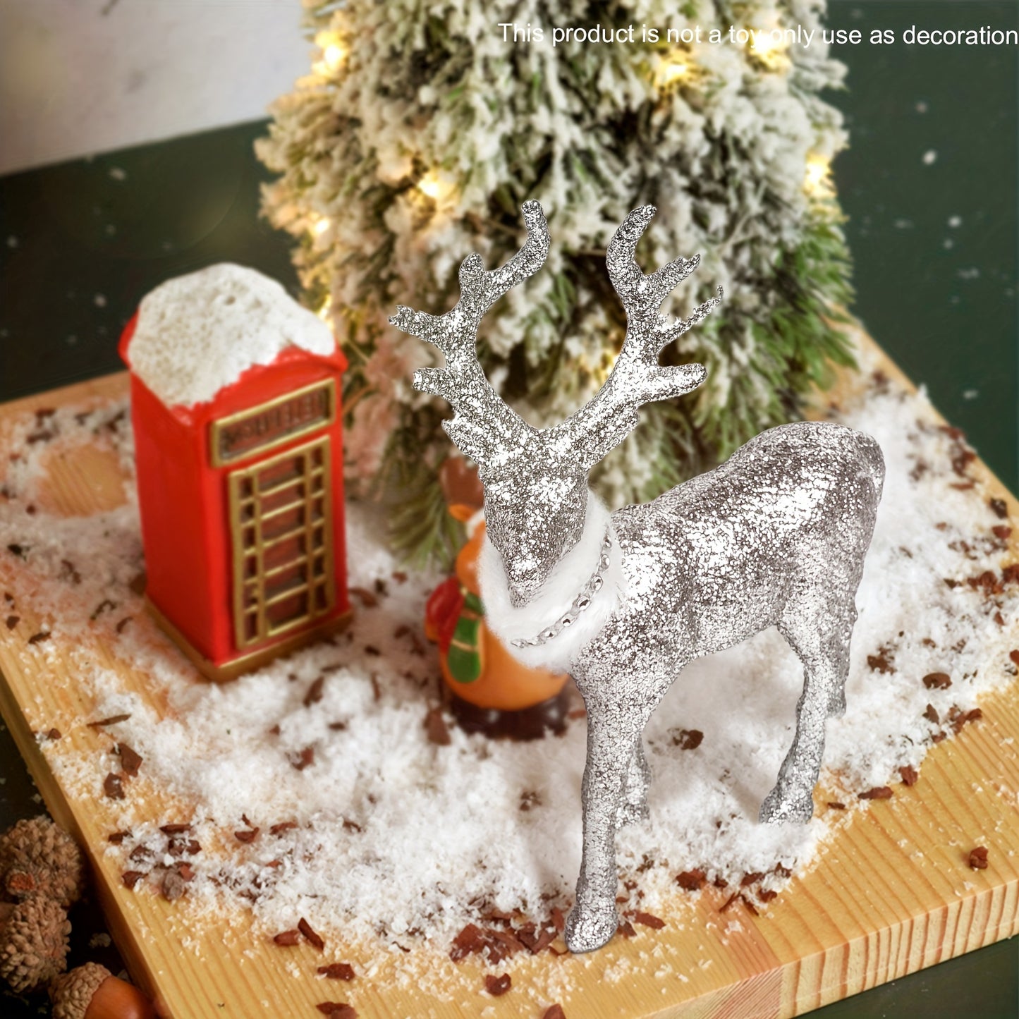 Glitter reindeer figurine, 8.6"x6", for tabletop or desk decoration, no electricity required, perfect for winter holiday decor in bedroom or living room.