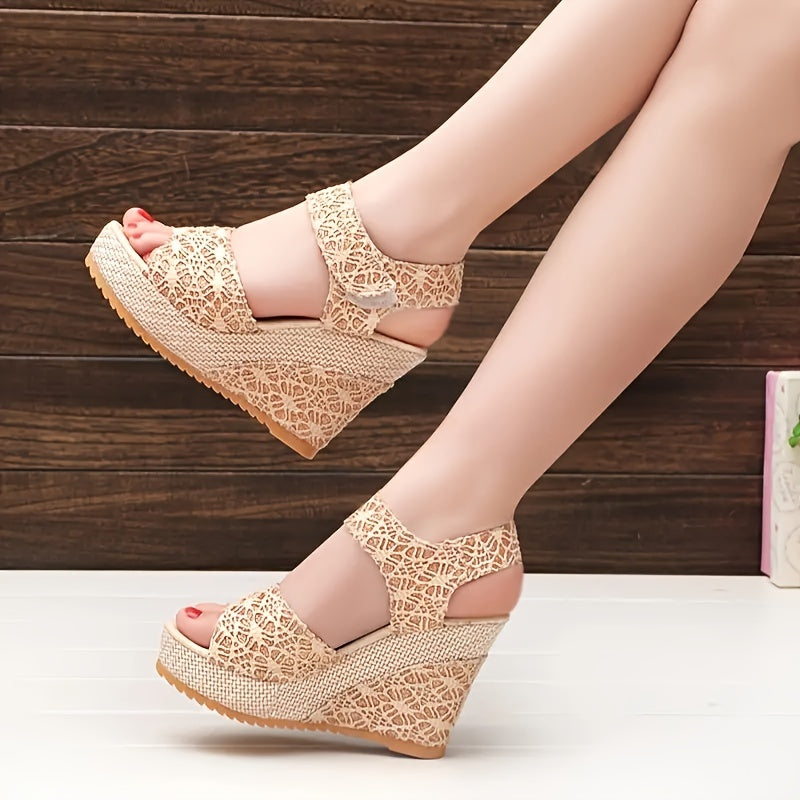 Beige lace platform sandals with round toe, high heel, hook & loop closure, synthetic upper & insole, rubber sole. Perfect for formal events.