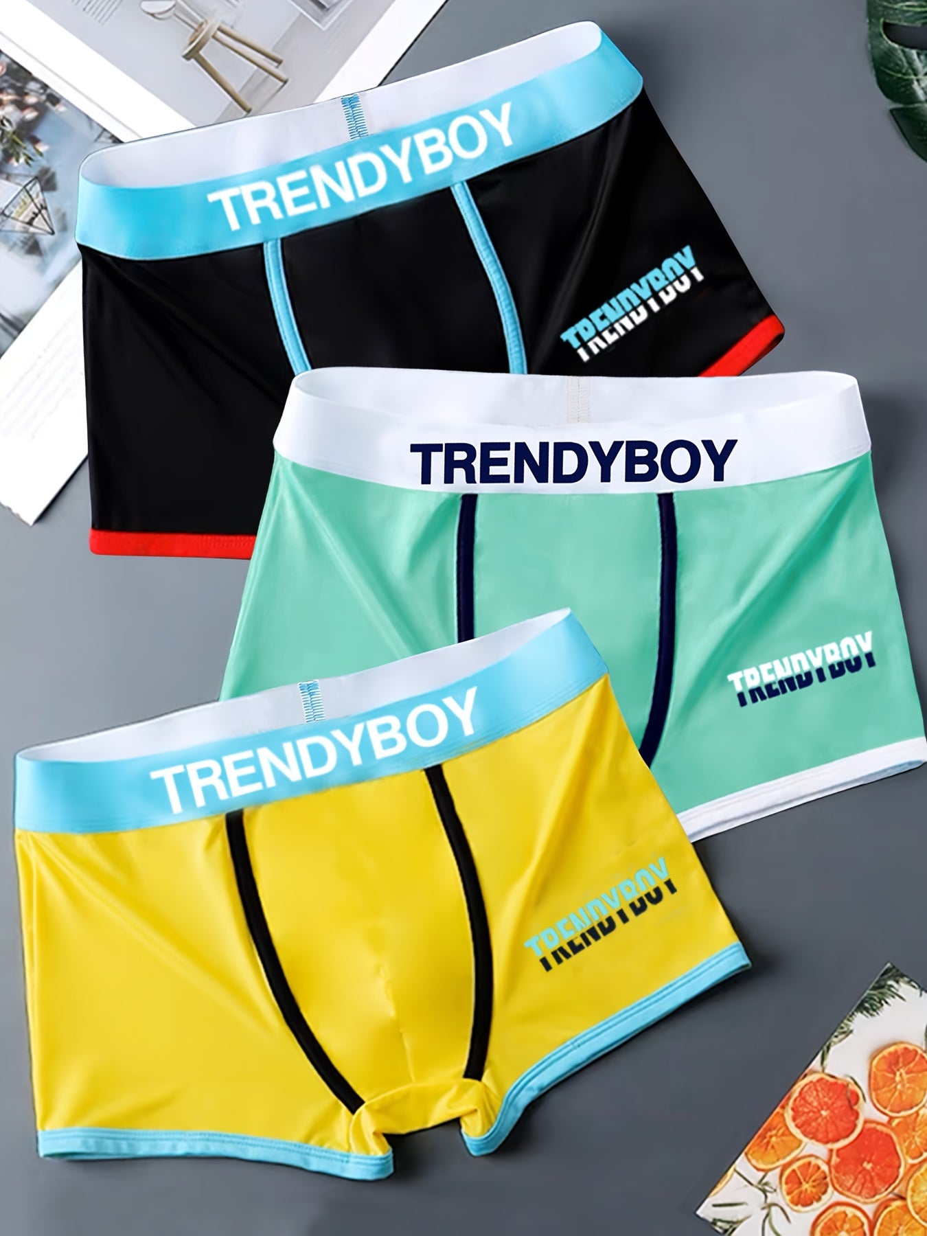 TrendyBoy Men's Boxer Briefs 3-Pack - Soft polyester knit with stretch, alphabet pattern and patched details, 95% polyester, 5% elastane