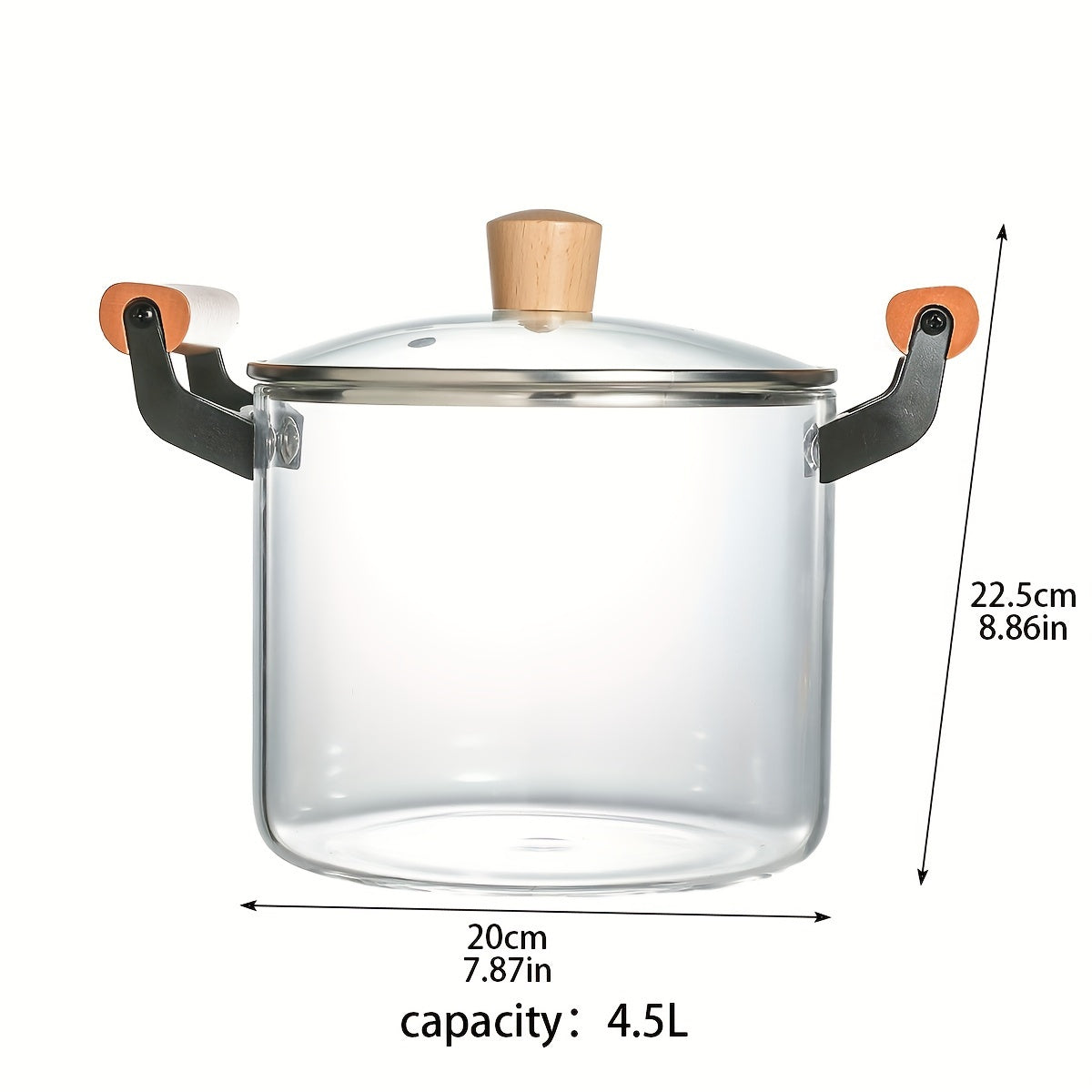 Glass saucepan with lid, 4.5L capacity perfect for noodles, soup, and milk. Made of high borosilicate material with dual wooden handles. Compatible with gas stovetop and features a transparent design for easy cooking. Ideal addition to any kitchen.