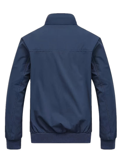 Men's zip-up stand collar coat with zipper pockets, ideal for Spring and Autumn.