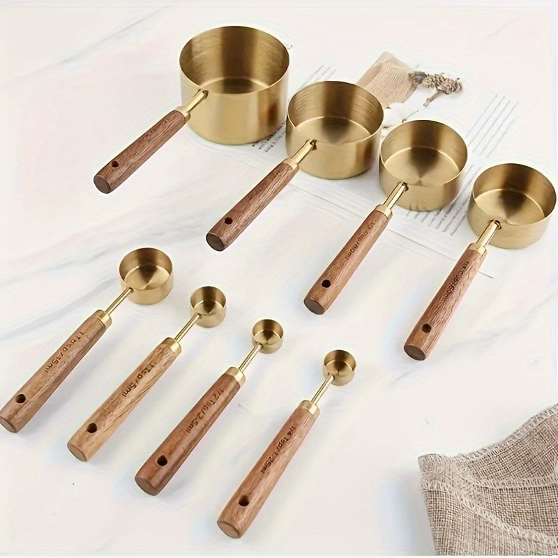 Set of 8 Stainless Steel Measuring Cups & Spoons with Acacia Wood Handles - Ideal for Baking, Cooking, and Coffee - High-Quality Kitchen Must-Haves